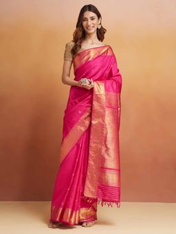 Fabindia - Magenta Silk Hand Woven Saree Without Blouse