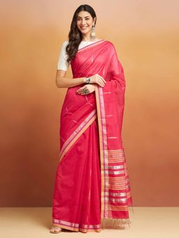 Fabindia - Magenta Cotton Silk Blend Jamdani Saree Without Blouse
