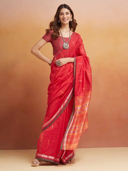 Fabindia - Red Cotton Silk Blend Jamdani Saree Without Blouse