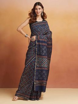Fabindia - Indigo Cotton Silk Blend Printed Saree Without Blouse