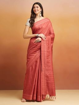 Fabindia - Rust Silk Blend Woven Saree Without Blouse
