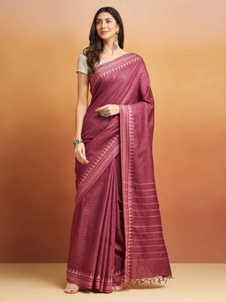 Fabindia - Mauve Silk Blend Woven Saree Without Blouse