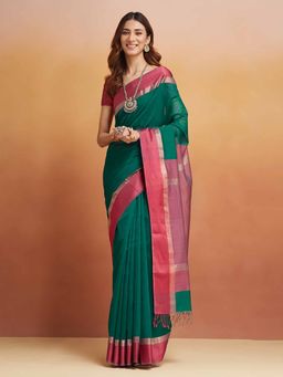 Fabindia - Teal Cotton Silk Blend Maheshwari Sari