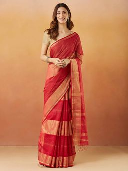 Fabindia - Red Cotton Silk Blend Maheshwari Sari