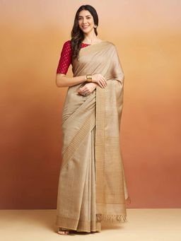 Fabindia - Beige Silk Blend Woven Saree Without Blouse