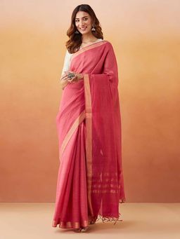 Fabindia - Pink Cotton Silk Blend Woven Saree Without Blouse