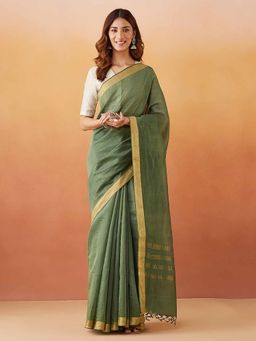 Fabindia - Green Cotton Silk Blend Woven Saree Without Blouse