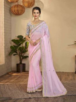 Odette - Pink Embroidered Organza Saree with Unstitched Blouse for Women