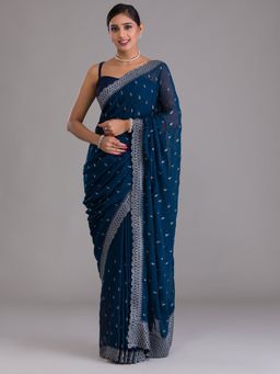 Odette - Blue Embroidered Chiffon Saree with Unstitched Blouse for Women