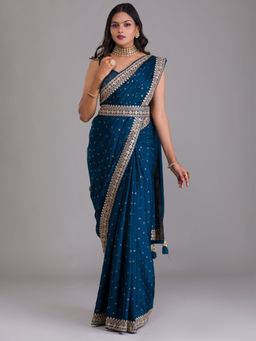 Odette - Navy Blue Embroidered Art Silk Saree & Belt with Unstitched Blouse for Women