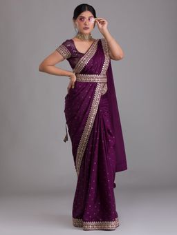 Odette - Purple Embroidered Art Silk Saree & Belt with Unstitched Blouse for Women