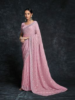 Odette - Pink Embroidered Georgette Saree with Unstitched Blouse for Women