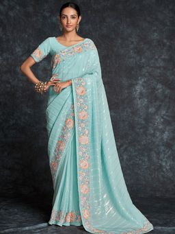 Odette - Sea Green Embroidered Georgette Saree with Unstitched Blouse for Women
