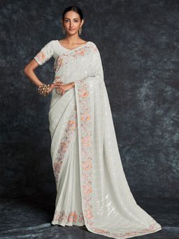 Odette - White Embroidered Georgette Saree with Unstitched Blouse for Women