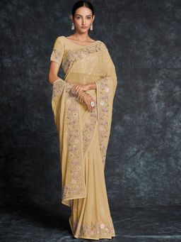 Odette - Beige Embroidered Georgette Saree with Unstitched Blouse for Women