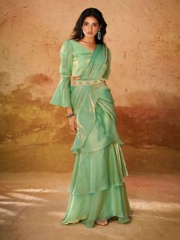 Odette - Green Organza Ready To Wear Saree with Belt and Stitched Blouse for Women
