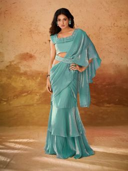 Odette - Turquoise Organza Ready To Wear Saree with Belt and Stitched Blouse for Women