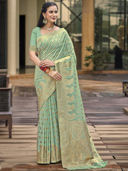 Sangam Prints - Turquoise Silk Woven Work Traditional Saree with Unstitched Blouse