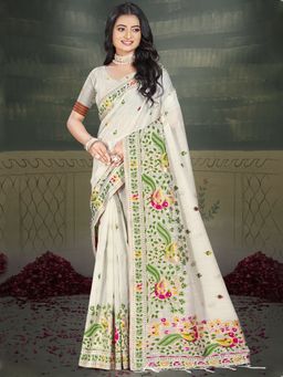 Sangam Prints - Cream Cotton Woven Work Traditional Saree with Unstitched Blouse
