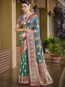 Sangam Prints - Firozi Silk Woven Work Festival Saree with Unstitched Blouse