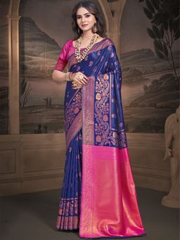 Sangam Prints - Navy Blue Silk Woven Work Festival Saree with Unstitched Blouse