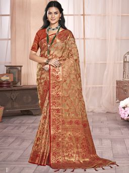Sangam Prints - Beige Organza Woven Work Festival Saree with Unstitched Blouse