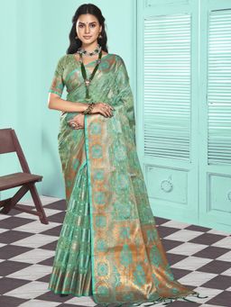 Sangam Prints - Turquoise Organza Woven Work Festival Saree with Unstitched Blouse