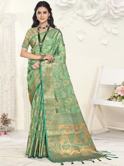 Sangam Prints - Turquoise Organza Woven Work Festival Saree with Unstitched Blouse