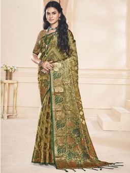 Sangam Prints - Olive Green Organza Woven Work Festival Saree with Unstitched Blouse