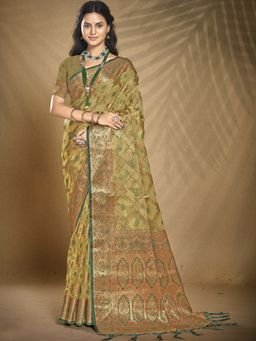Sangam Prints - Olive Green Organza Woven Work Festival Saree with Unstitched Blouse