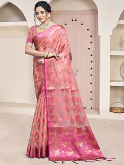 Sangam Prints - Pink Organza Woven Work Festival Saree with Unstitched Blouse