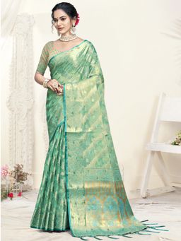 Sangam Prints - Turquoise Organza Woven Work Festival Saree with Unstitched Blouse
