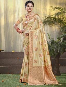 Sangam Prints - Beige Silk Woven Work Festival Saree with Unstitched Blouse