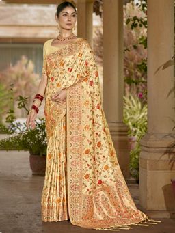 Sangam Prints - Beige Silk Woven Work Traditional Saree with Unstitched Blouse