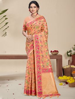 Sangam Prints - Peach Silk Woven Work Festival Saree with Unstitched Blouse