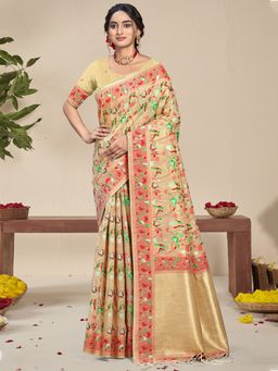 Sangam Prints - Beige Silk Woven Work Festival Saree with Unstitched Blouse