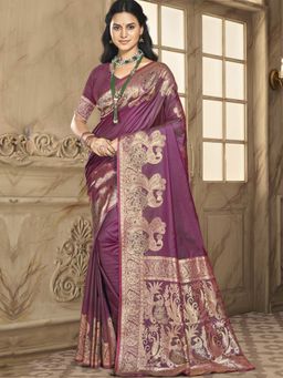 Sangam Prints - Wine Silk Woven Work Festival Saree with Unstitched Blouse