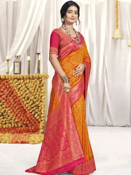 Sangam Prints - Orange Silk Woven Work Festival Saree with Unstitched Blouse