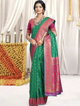 Sangam Prints - Green Silk Woven Work Festival Saree with Unstitched Blouse