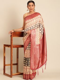 Sangam Prints - Cream Silk Woven Work Traditional Saree with Unstitched Blouse