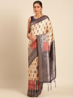Sangam Prints - Cream Silk Woven Work Traditional Saree with Unstitched Blouse