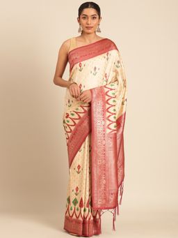 Sangam Prints - Cream Silk Woven Work Traditional Saree with Unstitched Blouse