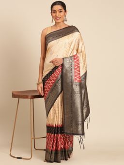 Sangam Prints - Cream Silk Woven Work Traditional Saree with Unstitched Blouse