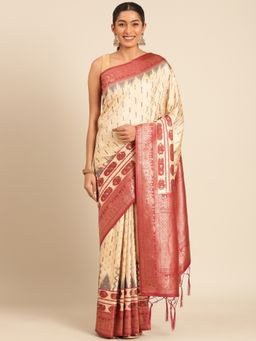Sangam Prints - Cream Silk Woven Work Traditional Saree with Unstitched Blouse