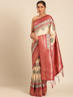 Sangam Prints - Cream Silk Woven Work Traditional Saree with Unstitched Blouse