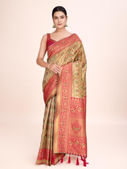 Monjolika Fashion - Regal Pink Rich Look Banarasi Tissue Silk Saree with Unstitched Blouse