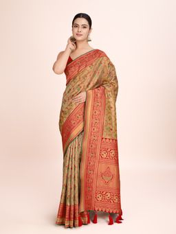 Monjolika Fashion - Regal Red Rich Look Banarasi Tissue Silk Saree with Unstitched Blouse