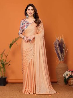 Pink Ethnic - Peach Saree with Kalamkari Digital Print Unstitched Blouse