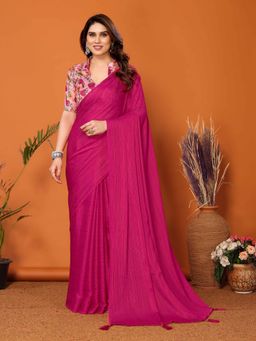 Pink Ethnic - Rani Pink Saree with Kalamkari Digital Print Unstitched Blouse