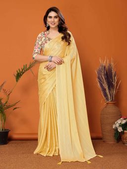 Pink Ethnic - Yellow Saree with Kalamkari Digital Print Unstitched Blouse